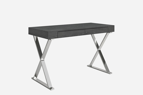 Elm Desk Large, High Gloss Grey, Two Drawers, Stainless Steel Base