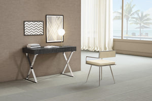 Elm Desk Large, High Gloss Grey, Two Drawers, Stainless Steel Base