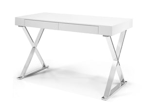 Elm Desk Large, High Gloss White, Two Drawers, Stainless Steel Base