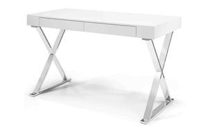 Elm Desk Large, High Gloss White, Two Drawers, Stainless Steel Base