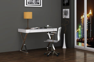 Elm Desk Large, High Gloss White, Two Drawers, Stainless Steel Base