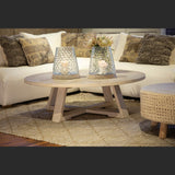 Dovetail Evan 52" Round Reclaimed Elm Pedestal Coffee Table Finished, Light Wash Finish DOV10352