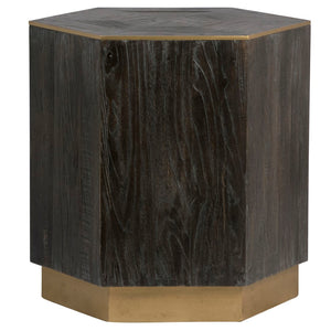 Dovetail Wayland Reclaimed Elm Hexagon Block Side Table in Ebony with Antique Brass Accent DOV10601