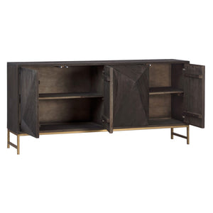 Dovetail Cameroon Espresso Stained Elm Wood and Brushed Brass Modern 73" 4-Door Sideboard DOV10613
