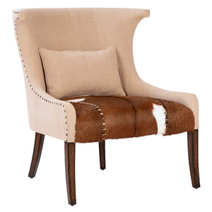 Dovetail Palomares Natural Goat Hide, Woven Cotton, and Mindi Wood Curved Wingback Occassional Chair in Brown DOV11573