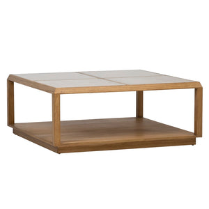 Dovetail Olney Mindi Wood Square Modern Coffee Table with Natural Woven Rattan Glass Covered Panels DOV11658