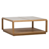 Olney Mindi Wood Square Modern Coffee Table with Natural Woven Rattan Glass Covered Panels