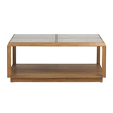 Dovetail Olney Mindi Wood Square Modern Coffee Table with Natural Woven Rattan Glass Covered Panels DOV11658