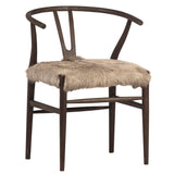 Dovetail Kairo Mid-Century Modern Wishbone Back Matte Dark Brown Finish Oak Chair with Goat Hide Fur Seat DOV13135