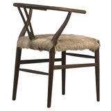 Dovetail Kairo Mid-Century Modern Wishbone Back Matte Dark Brown Finish Oak Chair with Goat Hide Fur Seat DOV13135