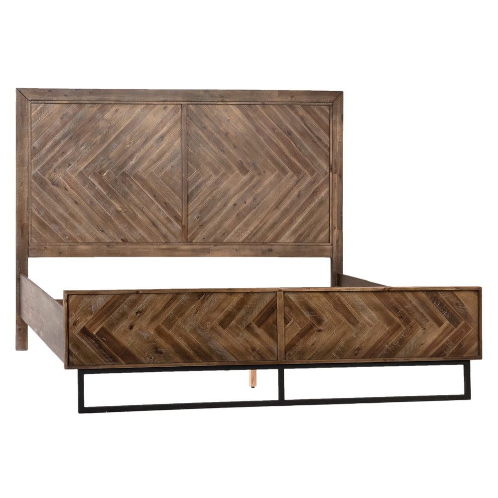 Dovetail Warnock Acacia and Iron Panel Bed with Herringbone Detailing Finished in an Antique Brown Seal DOV18009EK