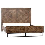 Warnock Acacia and Iron Panel Bed with Herringbone Detailing Finished in an Antique Brown Seal