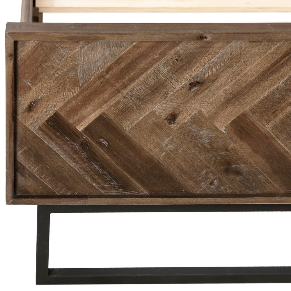 Dovetail Warnock Acacia and Iron Panel Bed with Herringbone Detailing Finished in an Antique Brown Seal DOV18009EK