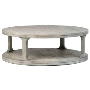 Dovetail Diego 48" Round Acacia Spool Coffee Table Finished in Antique White Wash DOV18080
