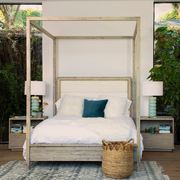 Dovetail Finn Light Wash Acacia Upholstered Headboard Platform Canopy Bed  DOV24050Q