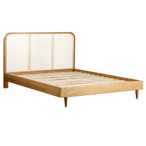 Dovetail Albetha Oak and Wicker Mid-Century Modern Panel Bed In Honey Brown DOV24091EK