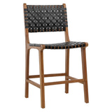 Dovetail Maverick Top Grain Woven Black Leather with Natural Teak Frame Dining Counter Stool DOV25003ACS