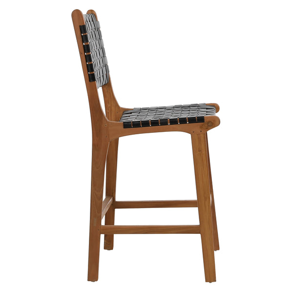 Dovetail Maverick Top Grain Woven Black Leather with Natural Teak Frame Dining Counter Stool DOV25003ACS