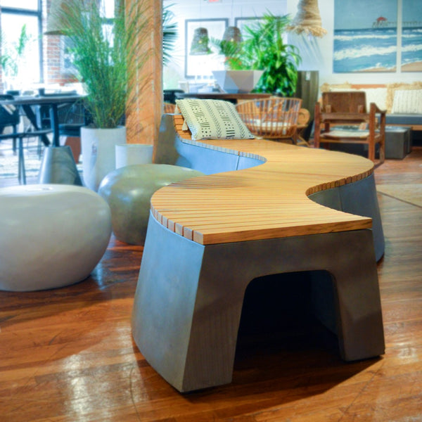 Dovetail Ezra 67" Indoor-Outdoor Curved Concrete and Teak Bench DOV26005