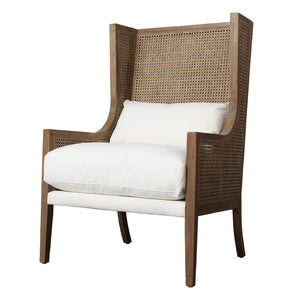 Dovetail Cardiff Oak and Natural Woven Rattan High Wing Back Occasional Chair with Ivory Linen Seat and Back Cushion DOV31001