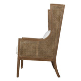 Dovetail Cardiff Oak and Natural Woven Rattan High Wing Back Occasional Chair with Ivory Linen Seat and Back Cushion DOV31001