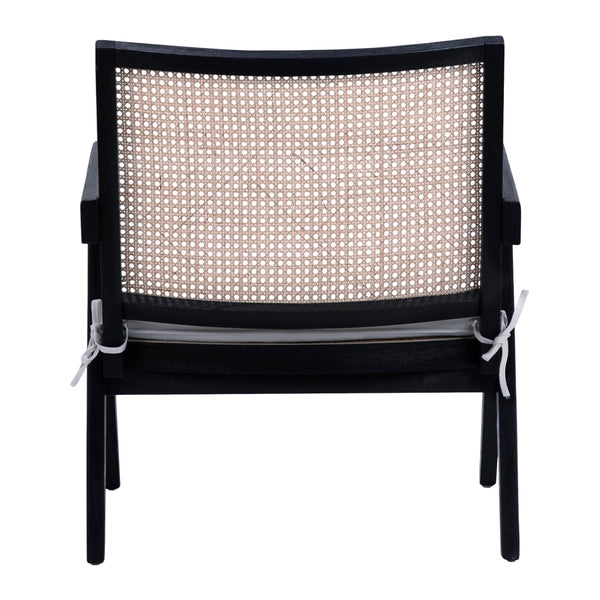 Dovetail Charlotte Antique Black Oak Occassional Arm Chair with Rattan Seat Back and White Cotton Cushion DOV31012