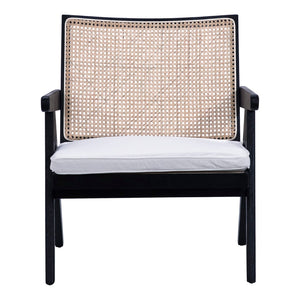 Dovetail Charlotte Antique Black Oak Occassional Arm Chair with Rattan Seat Back and White Cotton Cushion DOV31012