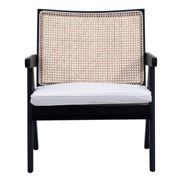 Dovetail Charlotte Antique Black Oak Occassional Arm Chair with Rattan Seat Back and White Cotton Cushion DOV31012