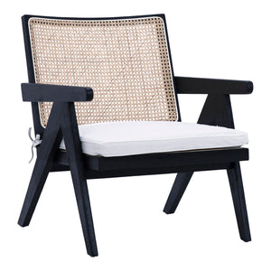 Dovetail Charlotte Antique Black Oak Occassional Arm Chair with Rattan Seat Back and White Cotton Cushion DOV31012