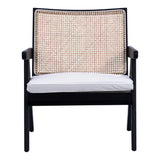 Dovetail Charlotte Antique Black Oak Occassional Arm Chair with Rattan Seat Back and White Cotton Cushion DOV31012