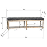 Dovetail Mariel Oak and Grey Velvet Hand Carved Upholstered Bench with Tufting and Shelf DOV3208