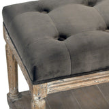 Dovetail Mariel Oak and Grey Velvet Hand Carved Upholstered Bench with Tufting and Shelf DOV3208