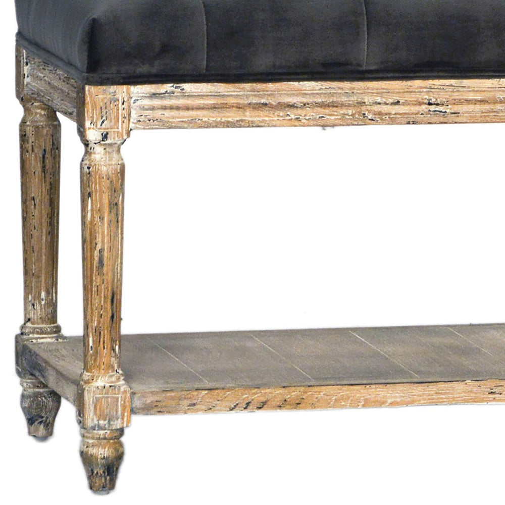 Dovetail Mariel Oak and Grey Velvet Hand Carved Upholstered Bench with Tufting and Shelf DOV3208