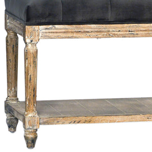 Dovetail Mariel Oak and Grey Velvet Hand Carved Upholstered Bench with Tufting and Shelf DOV3208