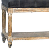 Dovetail Mariel Oak and Grey Velvet Hand Carved Upholstered Bench with Tufting and Shelf DOV3208