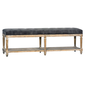 Dovetail Mariel Oak and Grey Velvet Hand Carved Upholstered Bench with Tufting and Shelf DOV3208