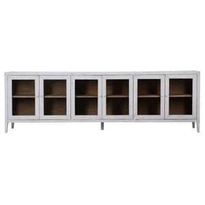 Dovetail Agno 109" Reclaimed Pine White Wash Sideboard with Glass Front Doors DOV38012