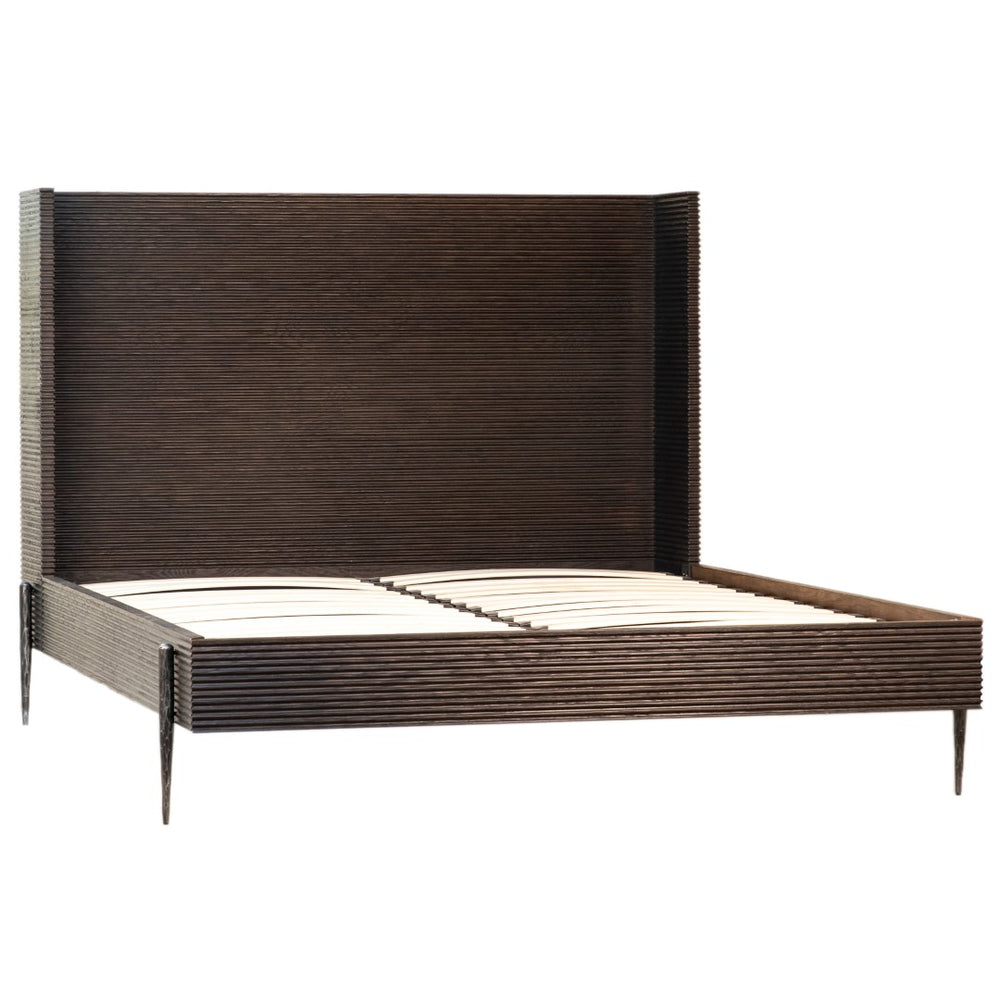 Dovetail Meryl Antique Black Oak and Forged Iron Modern Wingback Panel Bed DOV5461EK