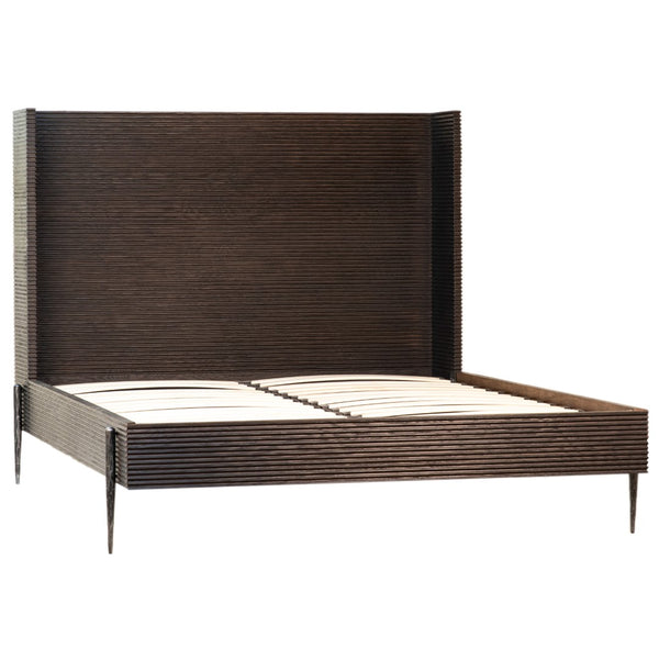 Dovetail Meryl Antique Black Oak and Forged Iron Modern Wingback Panel Bed DOV5461Q