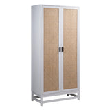 Dovetail Khloe 78" Tall  Exotic Wood and Rattan 2-Door Cabinet in White DOV6382WH