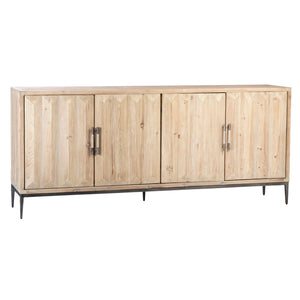 Dovetail Moura 84" Carved Door Front Reclaimed Pine Sideboard in Light Blond with Iron Legs DOV9091