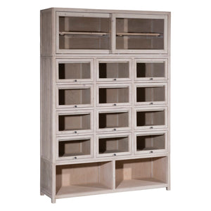 Dovetail Leon Recycled Pine 87" Tall Stoage Cabinet with Glass Front Display Doors Finished in a Light Grey Wash Finish DOV9796