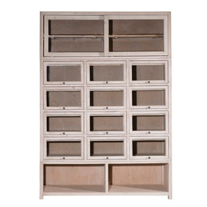 Dovetail Leon Recycled Pine 87" Tall Stoage Cabinet with Glass Front Display Doors Finished in a Light Grey Wash Finish DOV9796