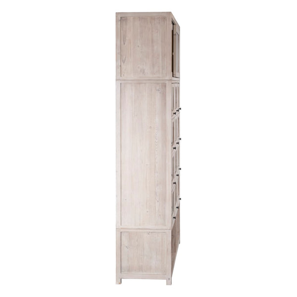 Dovetail Leon Recycled Pine 87" Tall Stoage Cabinet with Glass Front Display Doors Finished in a Light Grey Wash Finish DOV9796