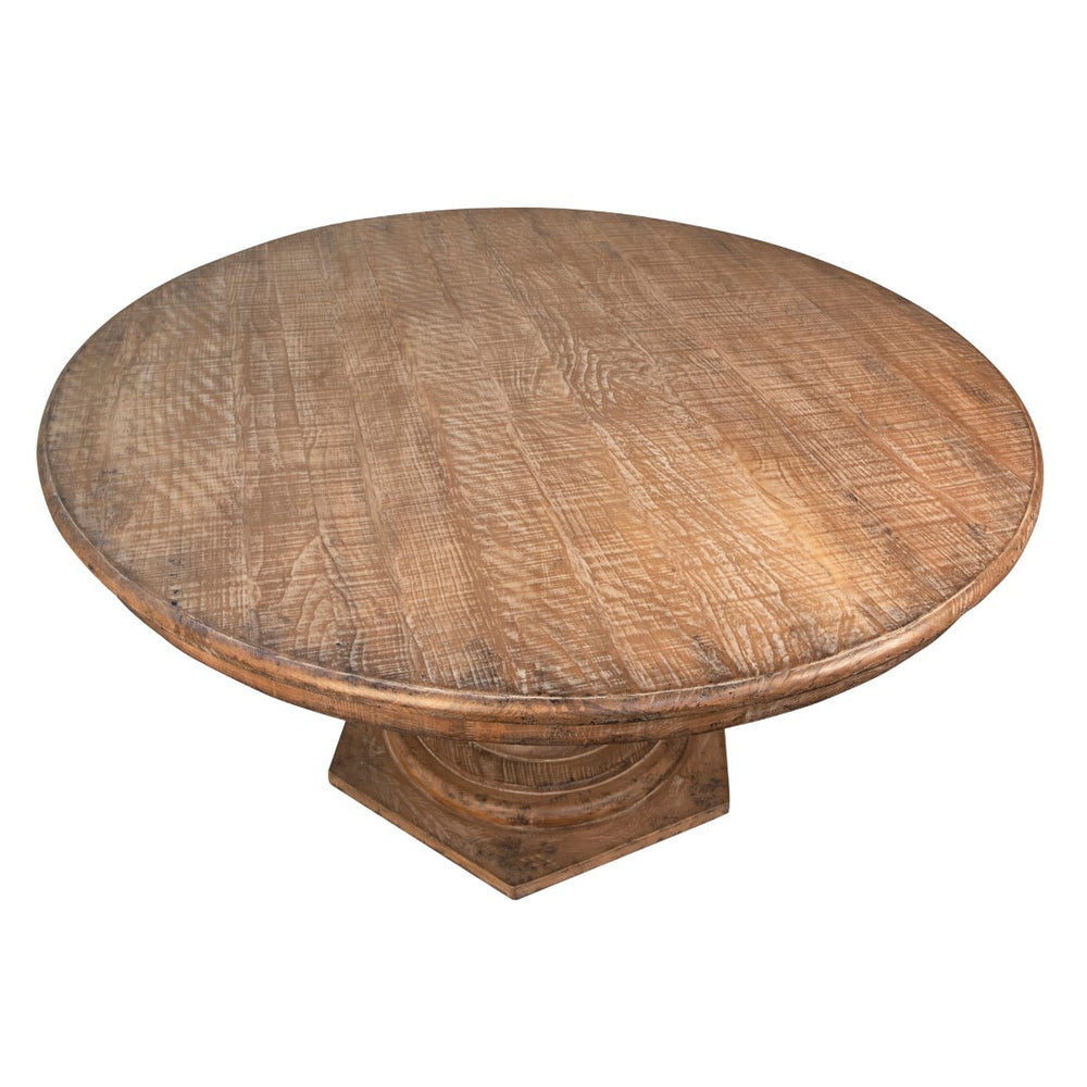 Nico 59" Round Reclaimed Pine Dining Table - Antique Finish, Hand-Carved Pedestal, Rustic Elegance