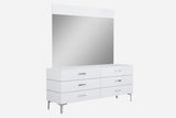 Diva Dresser Double High Gloss White 6 Self-Close Drawers Chrome Handles Stainless Steel Legs
