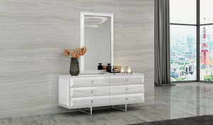 Abrazo Dresser High Gloss White 6 Self-Close Drawers With Geometric Design Chrome Handles