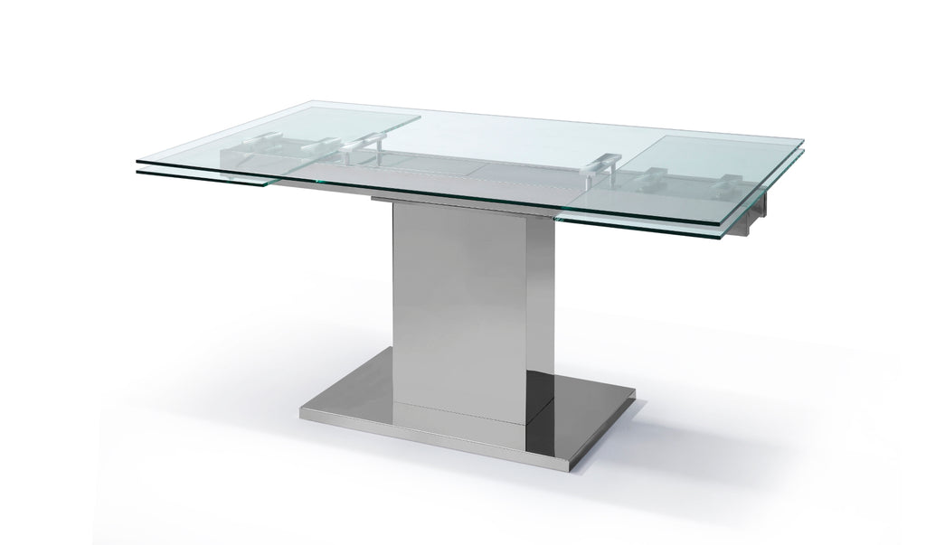 Slim Extendable Dining Table 1/2" Tempered Clear Glass Top, Stainless Steel Base