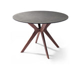 Redondo Round Dining Table Glass And Stone Top, Solid Wood With Walnut Veneer Base