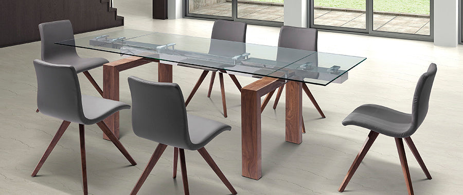 Davy Extendable Dining Table 1/2" Tempered Glass Top, Solid Wood With Walnut Veneer Base